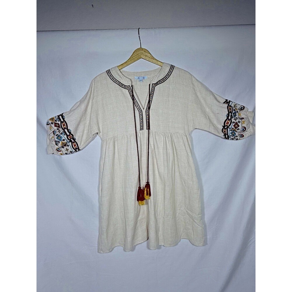 She & Sky Multicolor Embroidered Tan Mini Dress with Pockets Tessel Small Boho